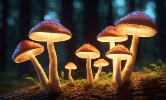 Microdosing Funghi crescono in una foresta di notte